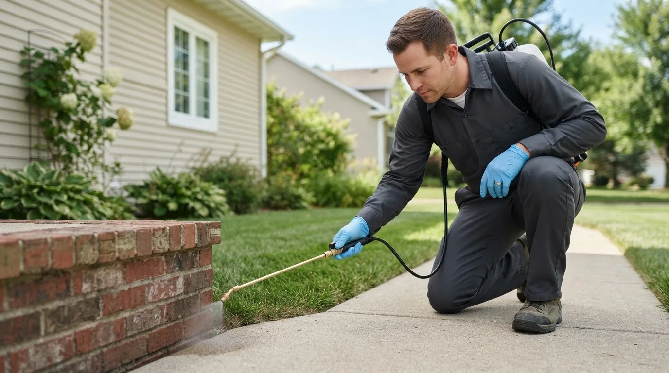 Pest control technician treating a home near Reese, MI