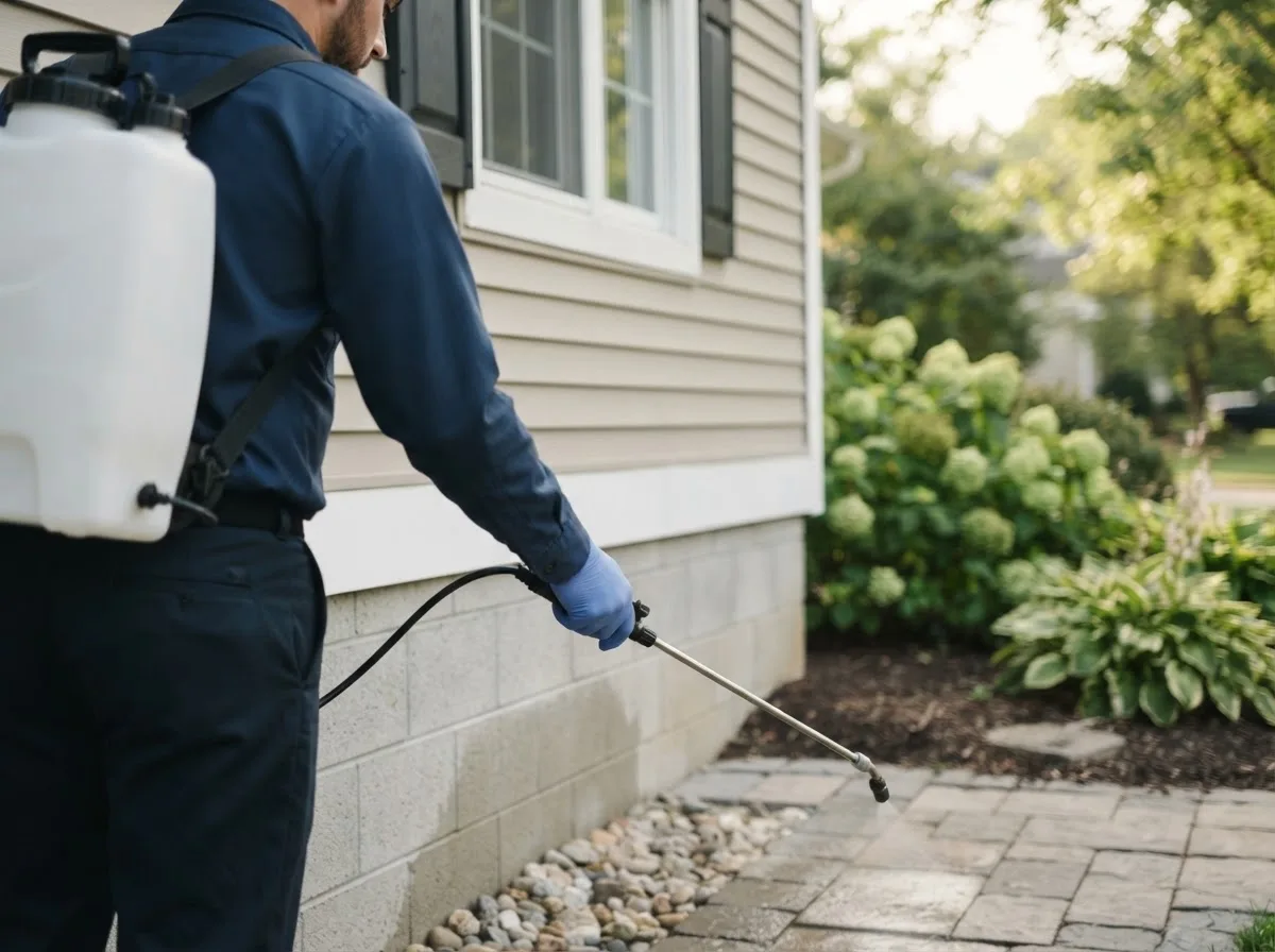 Pest control technician inspecting a home in Reese, MI